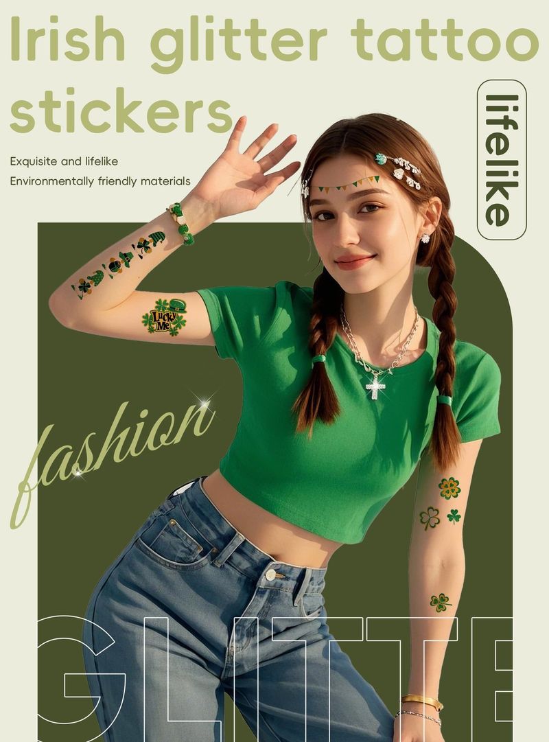 New Irish National Day Tattoo Sticker Cartoon Clover Disposable Children Glitter Tattoo Sticker Fashion