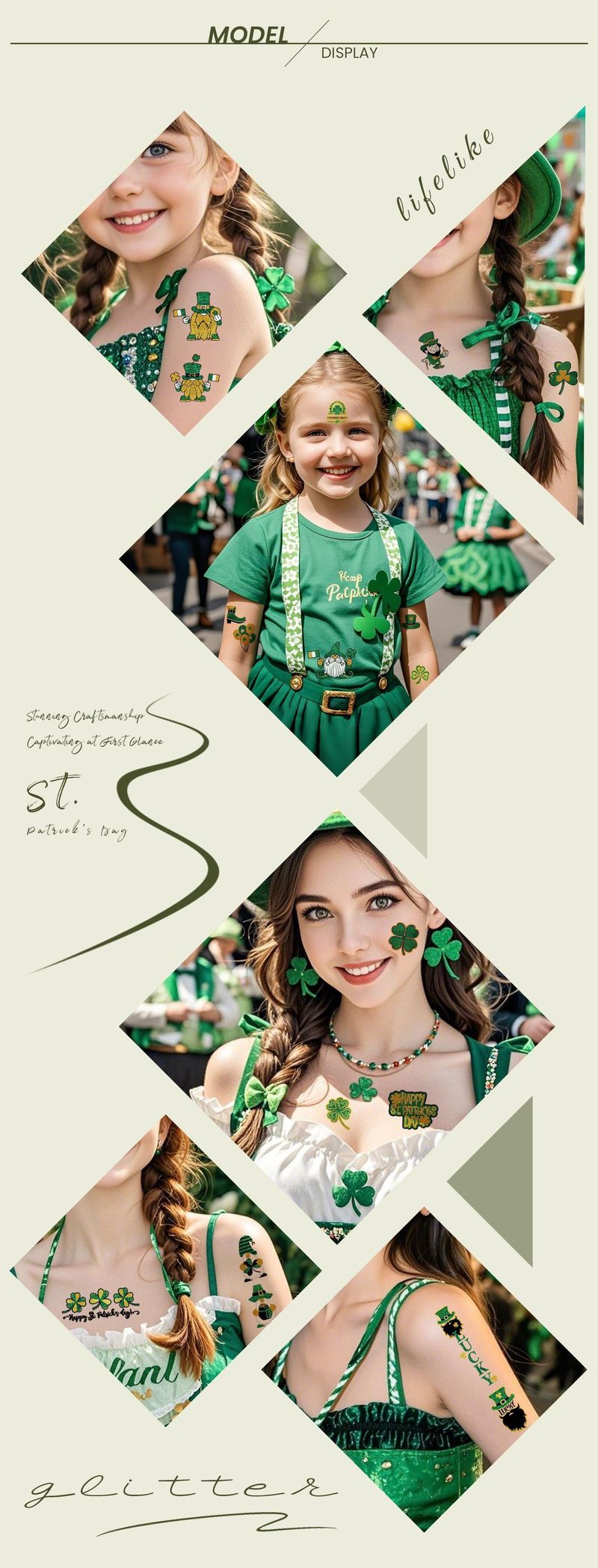 New Irish National Day Tattoo Sticker Cartoon Clover Disposable Children Glitter Tattoo Sticker Fashion