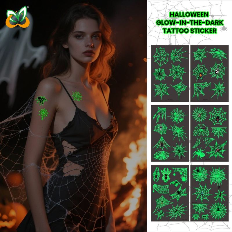 New Halloween Spider Web Luminous Tattoo Cross Border Party Event Green Luminous Stereo Spider Tattoo Sticker  Night light
