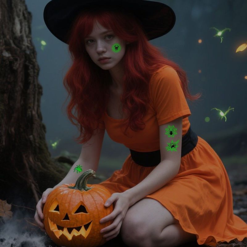 New Halloween Spider Web Luminous Tattoo Cross Border Party Event Green Luminous Stereo Spider Tattoo Sticker  Night light