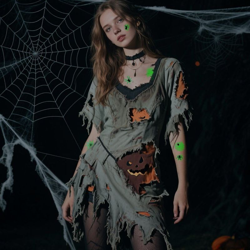 New Halloween Spider Web Luminous Tattoo Cross Border Party Event Green Luminous Stereo Spider Tattoo Sticker  Night light