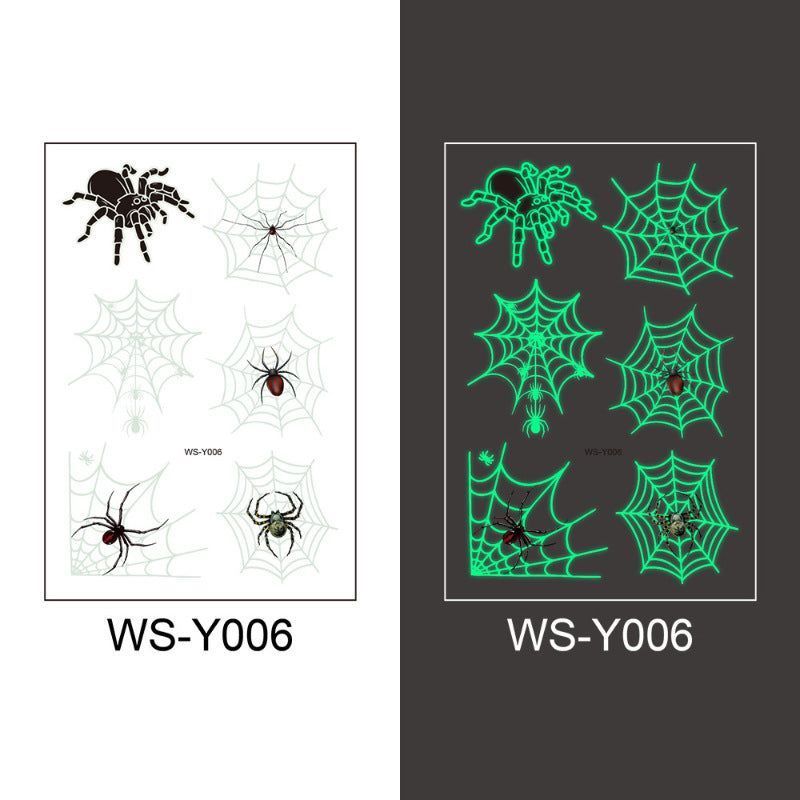 New Halloween Spider Web Luminous Tattoo Cross Border Party Event Green Luminous Stereo Spider Tattoo Sticker  Night light