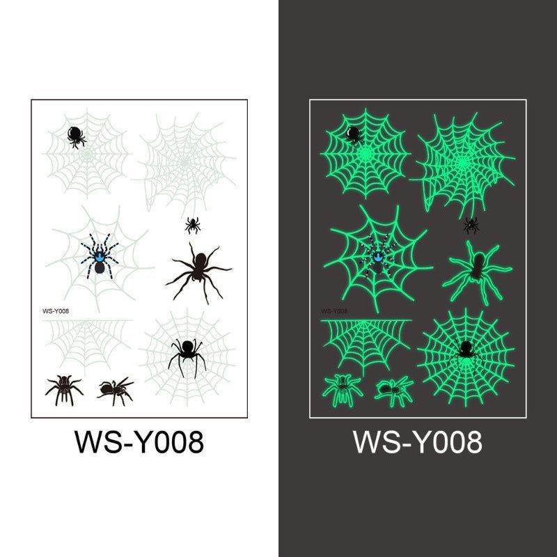 New Halloween Spider Web Luminous Tattoo Cross Border Party Event Green Luminous Stereo Spider Tattoo Sticker  Night light