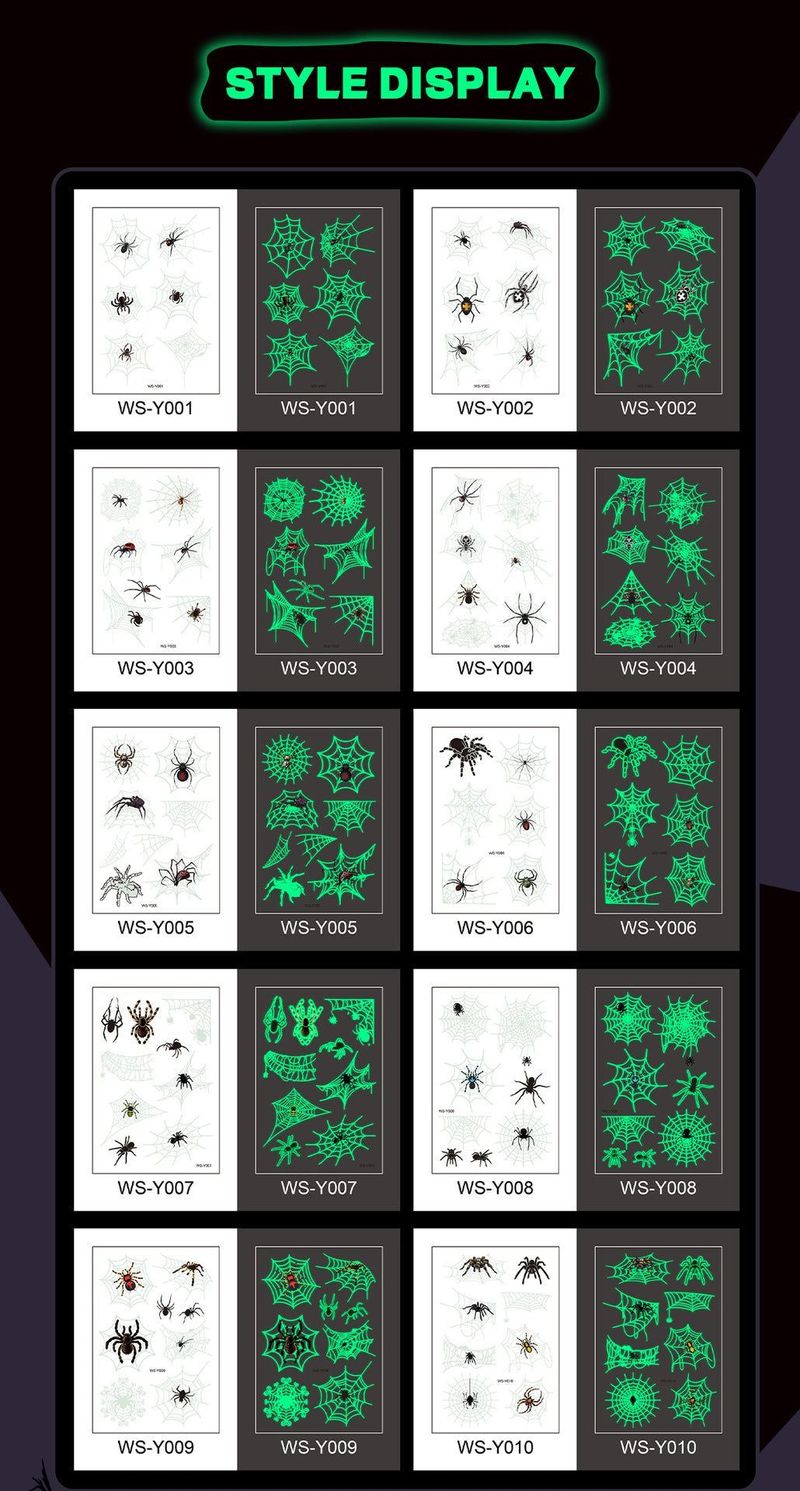New Halloween Spider Web Luminous Tattoo Cross Border Party Event Green Luminous Stereo Spider Tattoo Sticker  Night light