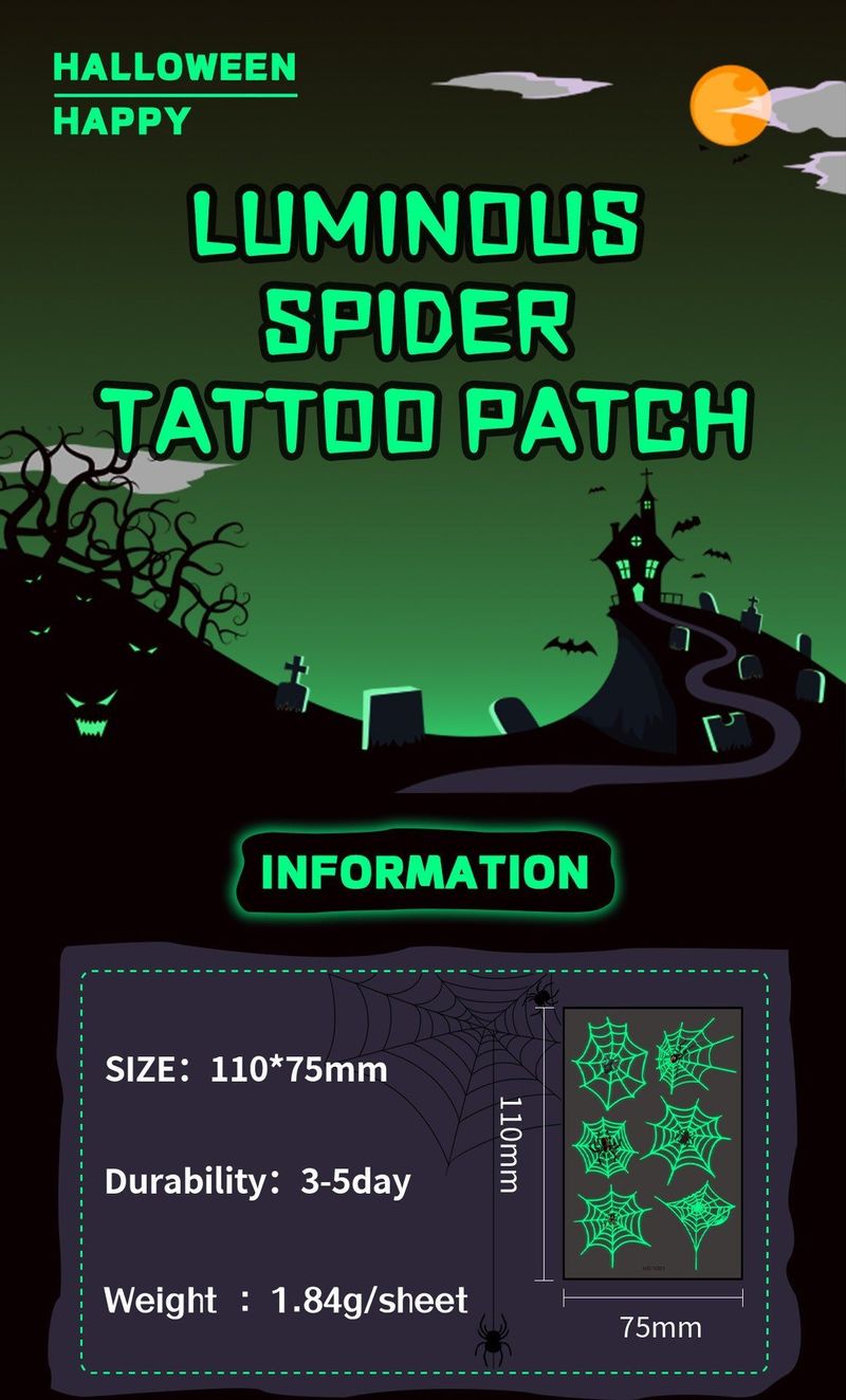 New Halloween Spider Web Luminous Tattoo Cross Border Party Event Green Luminous Stereo Spider Tattoo Sticker  Night light