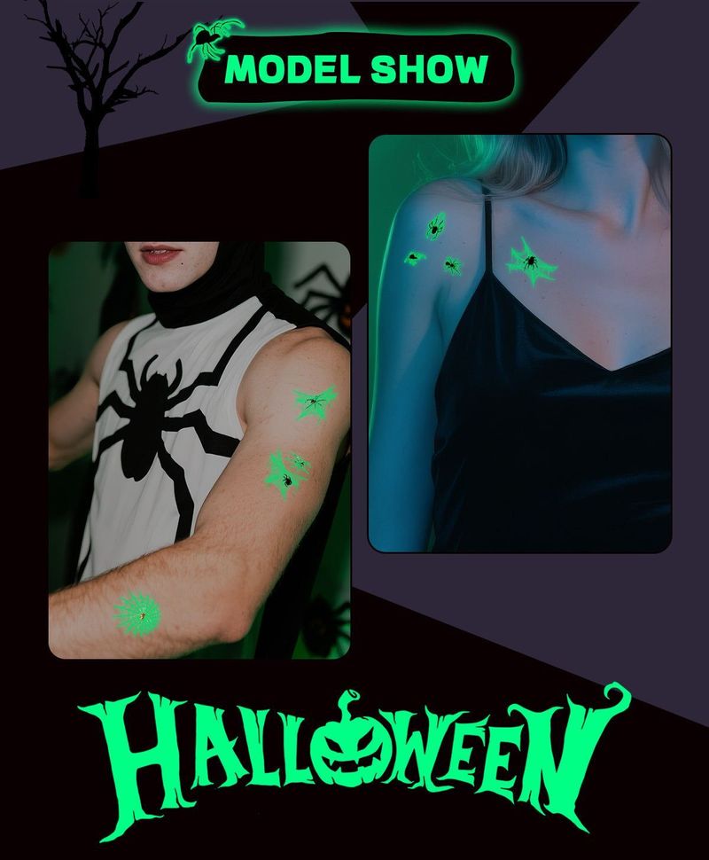 New Halloween Spider Web Luminous Tattoo Cross Border Party Event Green Luminous Stereo Spider Tattoo Sticker  Night light
