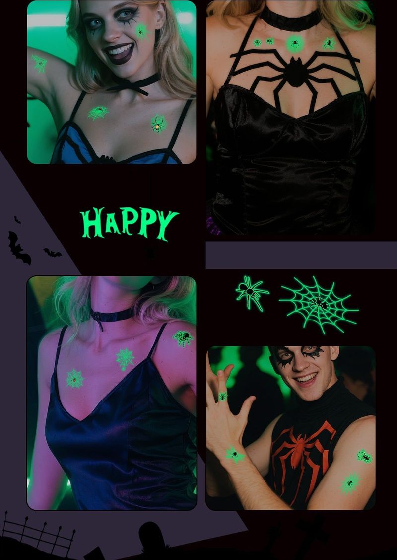 New Halloween Spider Web Luminous Tattoo Cross Border Party Event Green Luminous Stereo Spider Tattoo Sticker  Night light