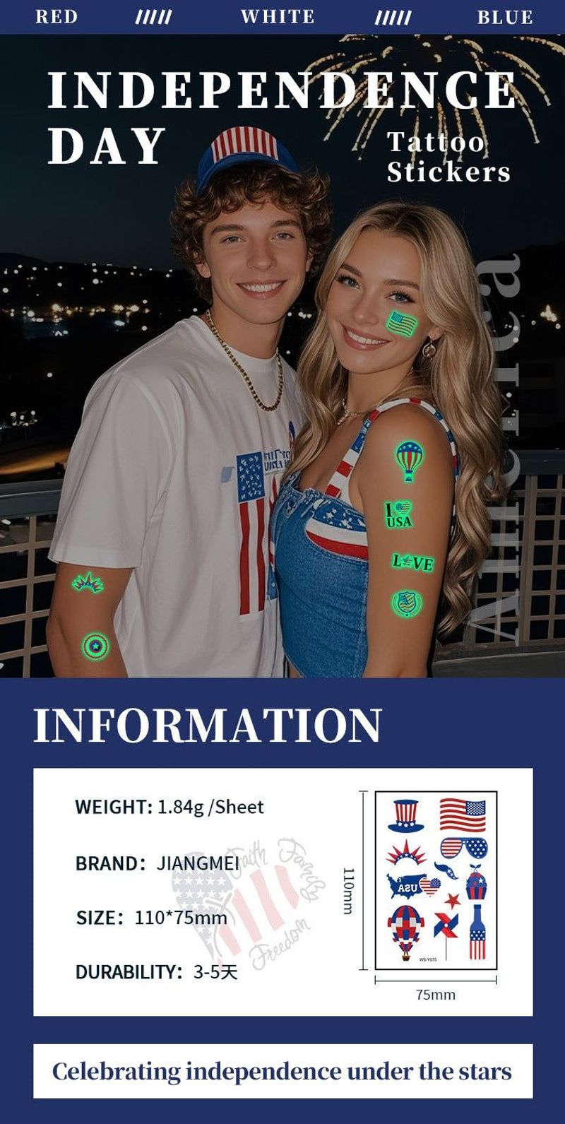 New Luminous Independence Day Tattoo Sticker US Flag Waterproof Temporary Party Parade Holiday Party Sticker  Night light