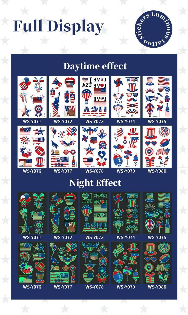 New Luminous Independence Day Tattoo Sticker US Flag Waterproof Temporary Party Parade Holiday Party Sticker  Night light