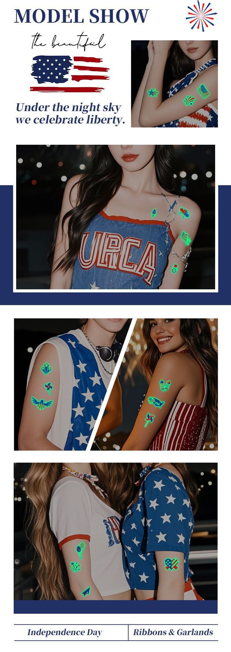 New Luminous Independence Day Tattoo Sticker US Flag Waterproof Temporary Party Parade Holiday Party Sticker  Night light