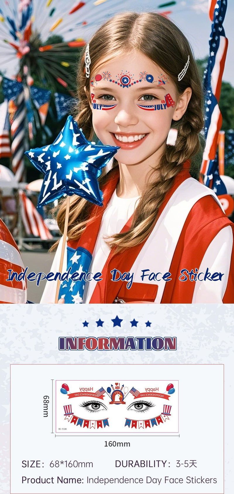 New American Flag Makeup Tattoo Sticker Independence Day Party Theme Painted Face Waterproof Tattoo Sticker Fashion