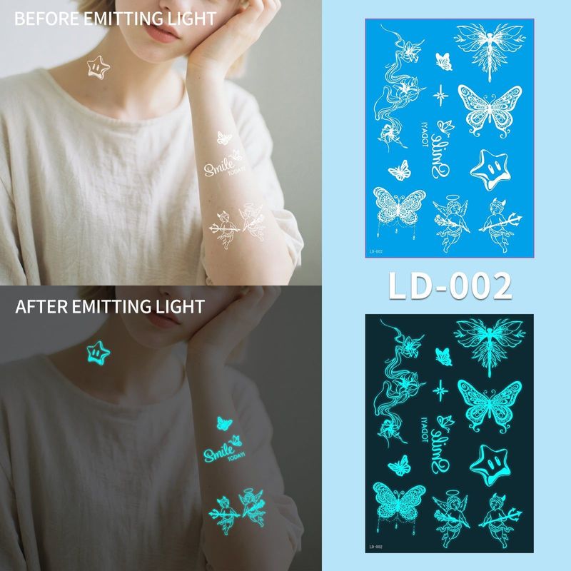 New Source Blue Luminous Henna Tattoo Temporary White Blue Luminous Tattoo Arm Waterproof Sticker  Night light