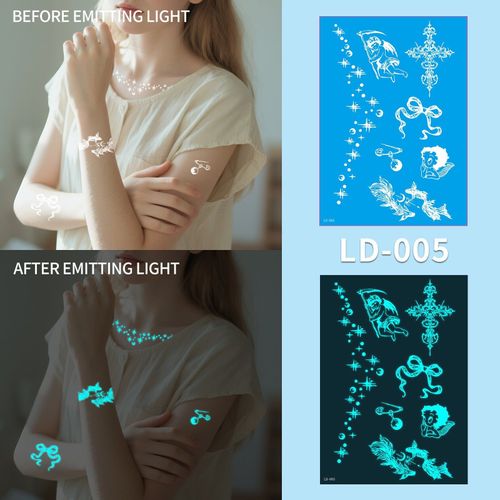 New Source Blue Luminous Henna Tattoo Temporary White Blue Luminous Tattoo Arm Waterproof Sticker  Night light