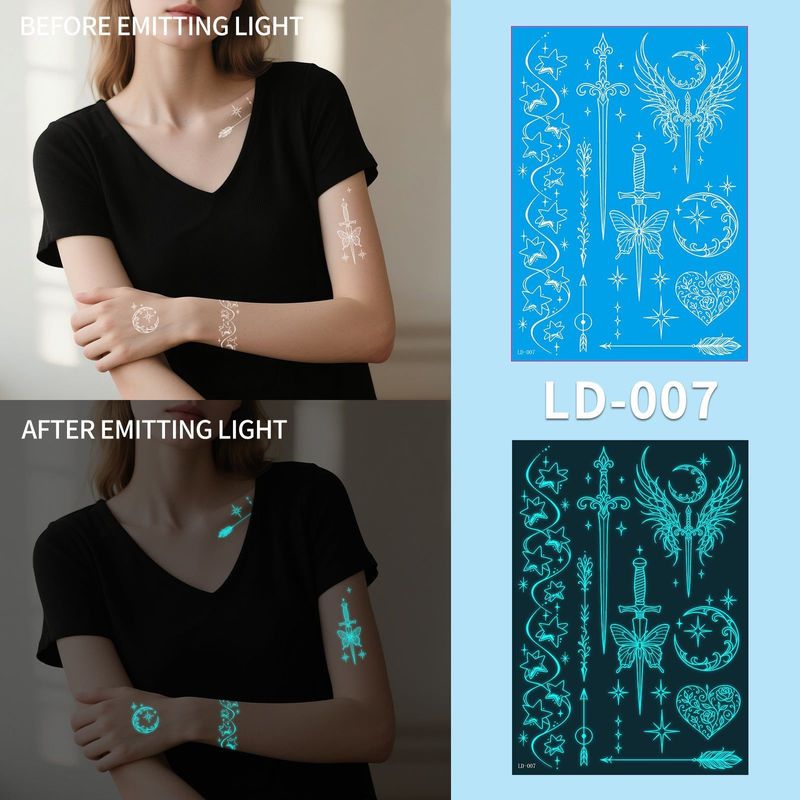 New Source Blue Luminous Henna Tattoo Temporary White Blue Luminous Tattoo Arm Waterproof Sticker  Night light
