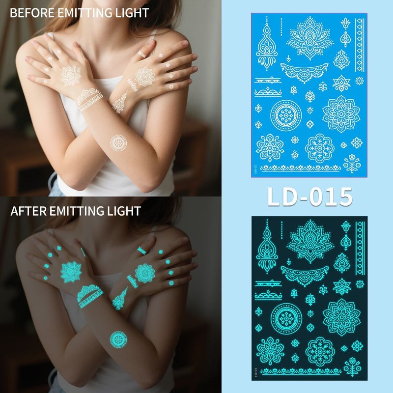 New Source Blue Luminous Henna Tattoo Temporary White Blue Luminous Tattoo Arm Waterproof Sticker  Night light