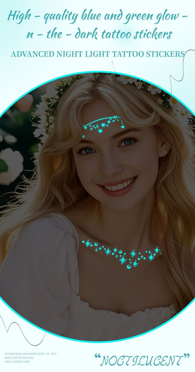 New Source Blue Luminous Henna Tattoo Temporary White Blue Luminous Tattoo Arm Waterproof Sticker  Night light