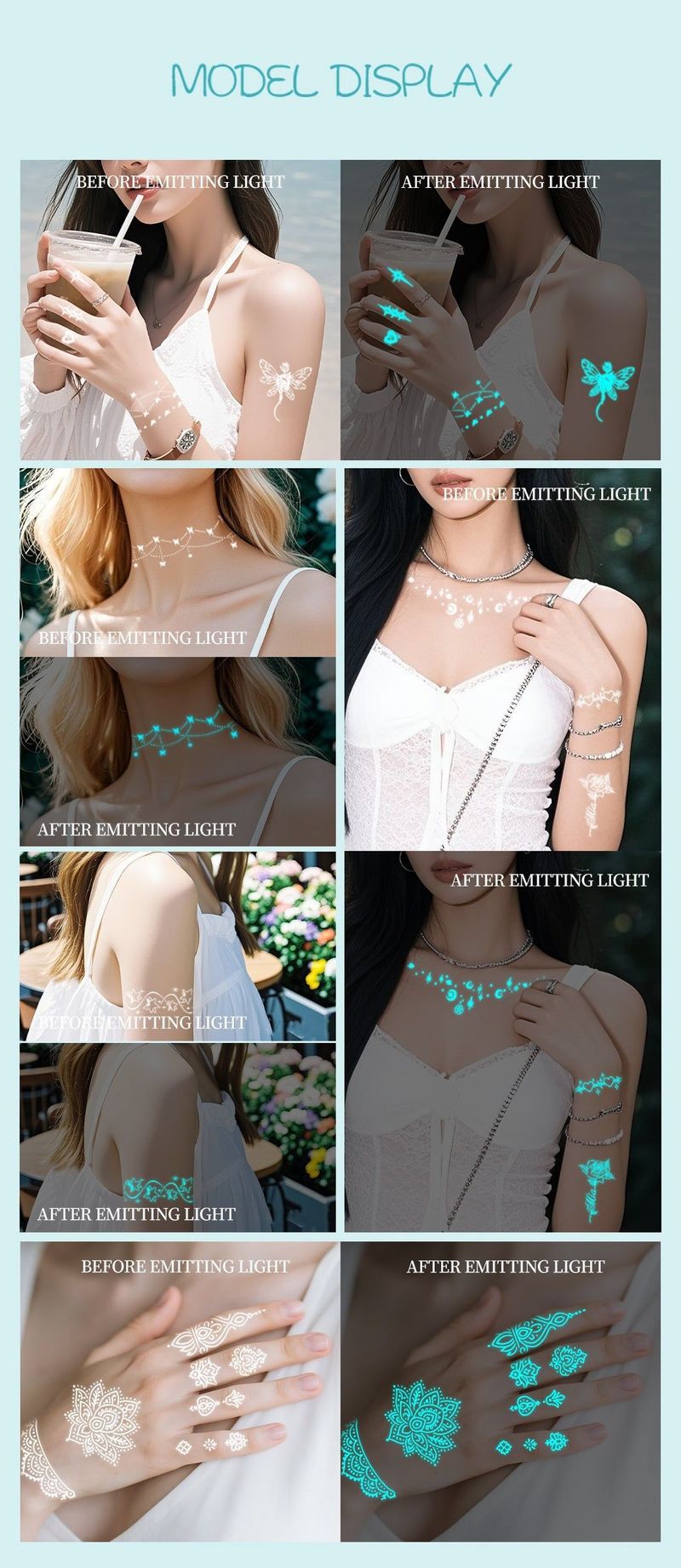 New Source Blue Luminous Henna Tattoo Temporary White Blue Luminous Tattoo Arm Waterproof Sticker  Night light