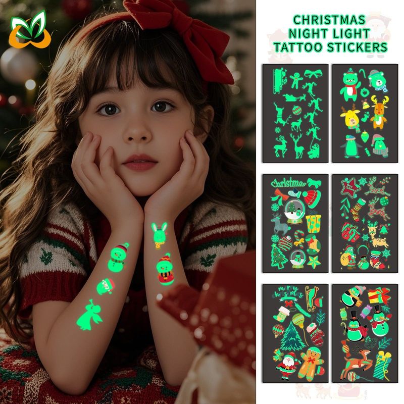 New Christmas Luminous Tattoo Stickers Children Cartoon Waterproof Sweat Party Holiday Green Luminous Stickers Night light