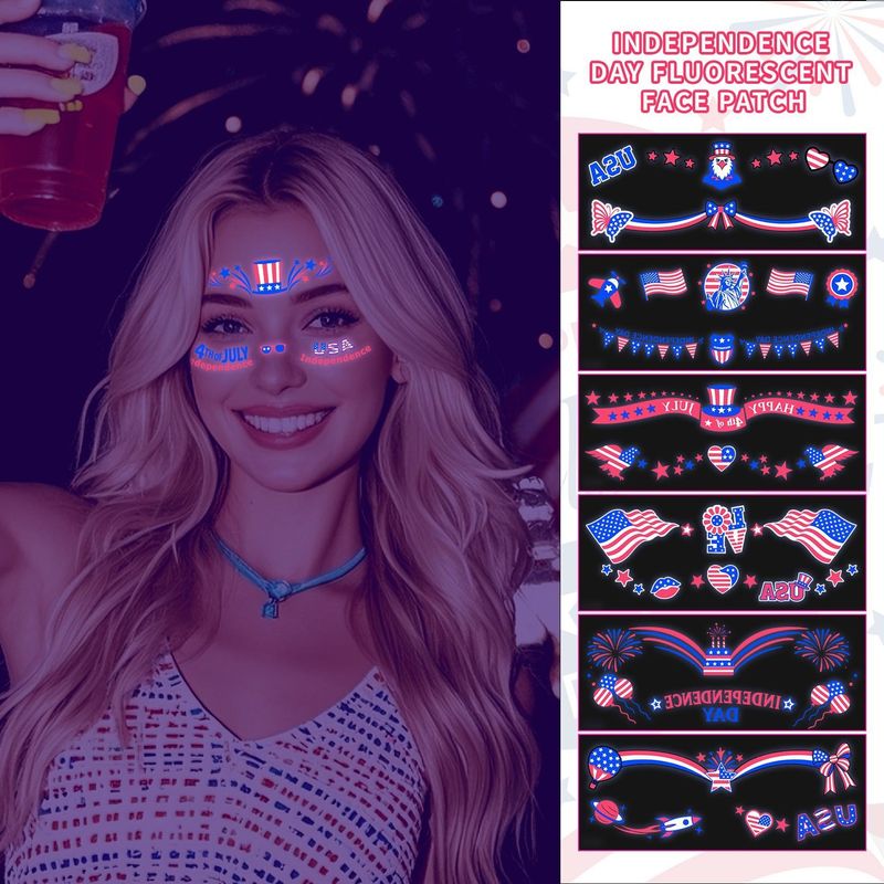 US Independence Day Face Sticker Waterproof Sweat Party Temporary Makeup Fluorescent Face Decorative Tattoo Sticker  Night light