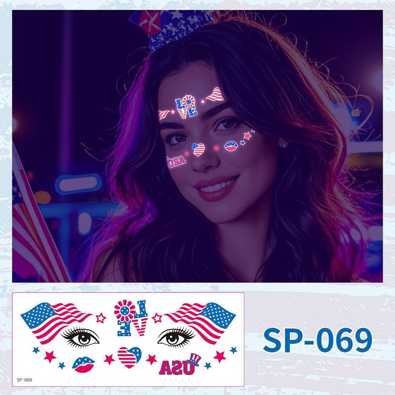 US Independence Day Face Sticker Waterproof Sweat Party Temporary Makeup Fluorescent Face Decorative Tattoo Sticker  Night light