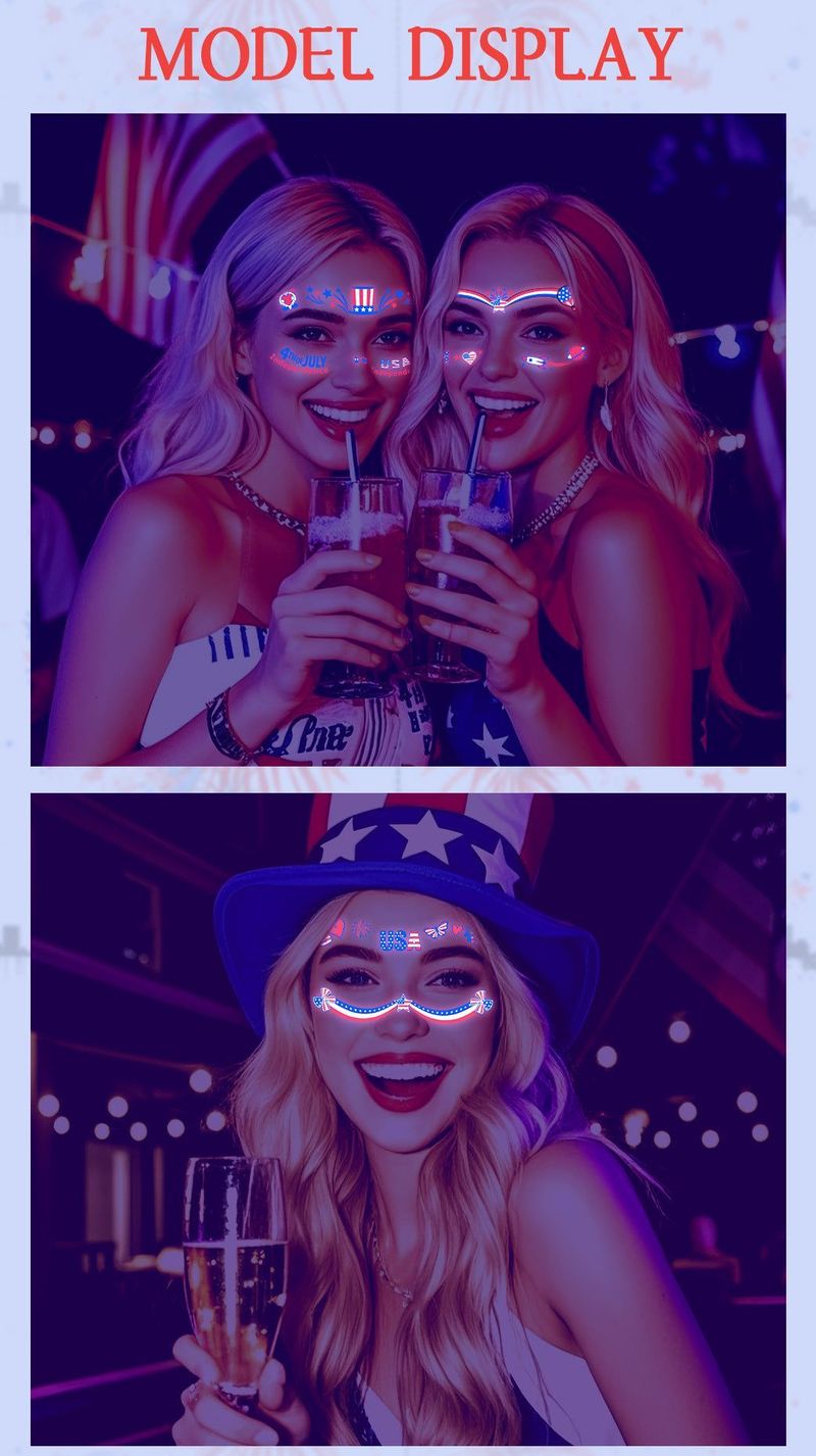 US Independence Day Face Sticker Waterproof Sweat Party Temporary Makeup Fluorescent Face Decorative Tattoo Sticker  Night light