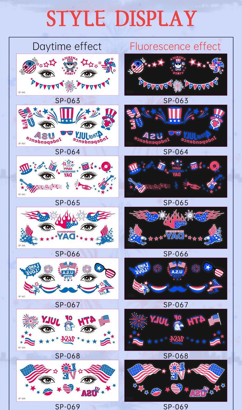 US Independence Day Face Sticker Waterproof Sweat Party Temporary Makeup Fluorescent Face Decorative Tattoo Sticker  Night light