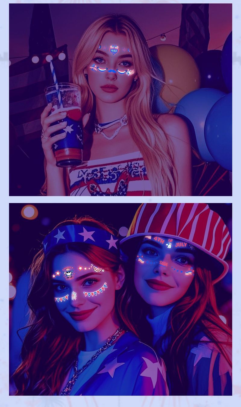 US Independence Day Face Sticker Waterproof Sweat Party Temporary Makeup Fluorescent Face Decorative Tattoo Sticker  Night light