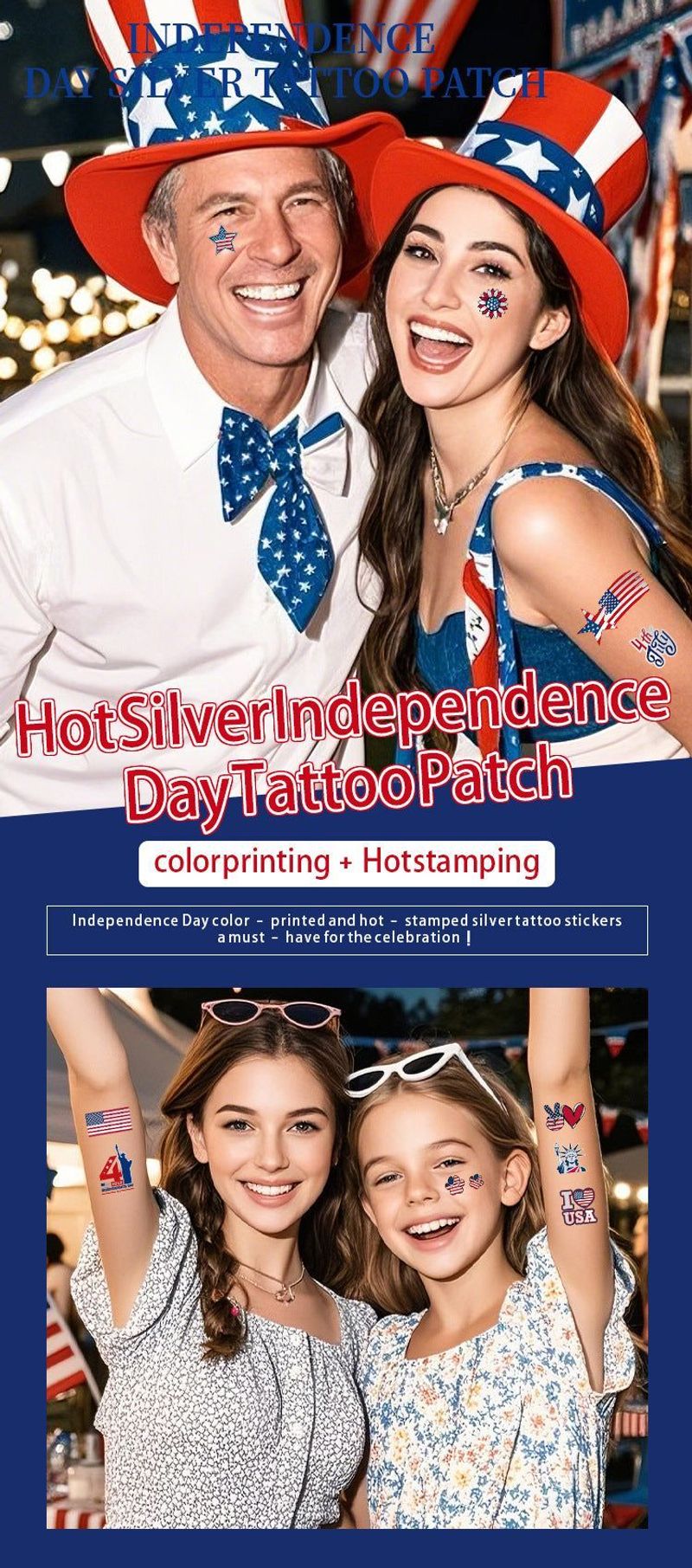 New Hot Silver American Independence Day Tattoo Sticker Waterproof National Day Party Holiday Party Event Decorative Face StickerFashion