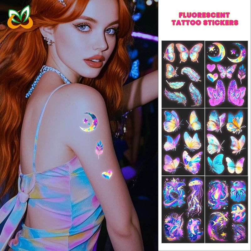 New Butterfly Fluorescent Tattoo Sticker Music Festival Bar Collarbone Flower Arm Waterproof Party Temporary Tattoo StickerNight light