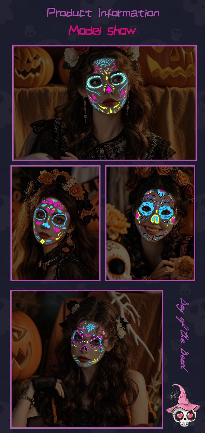 European And American Hot Selling Halloween Fluorescent Tattoo Stickers Face Stickers Masquerade Neon Face Decorative Tattoo Stickers Night light