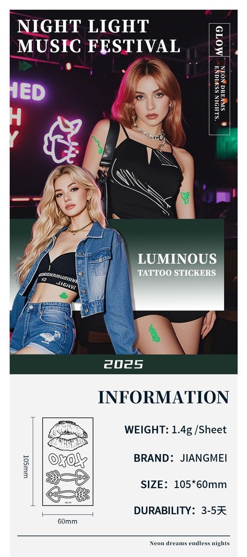 Luminous Tattoo Sticker Bar Prom Music Festival Neon Stage Waterproof Glow Tattoo Sticker For Men And Women Night light