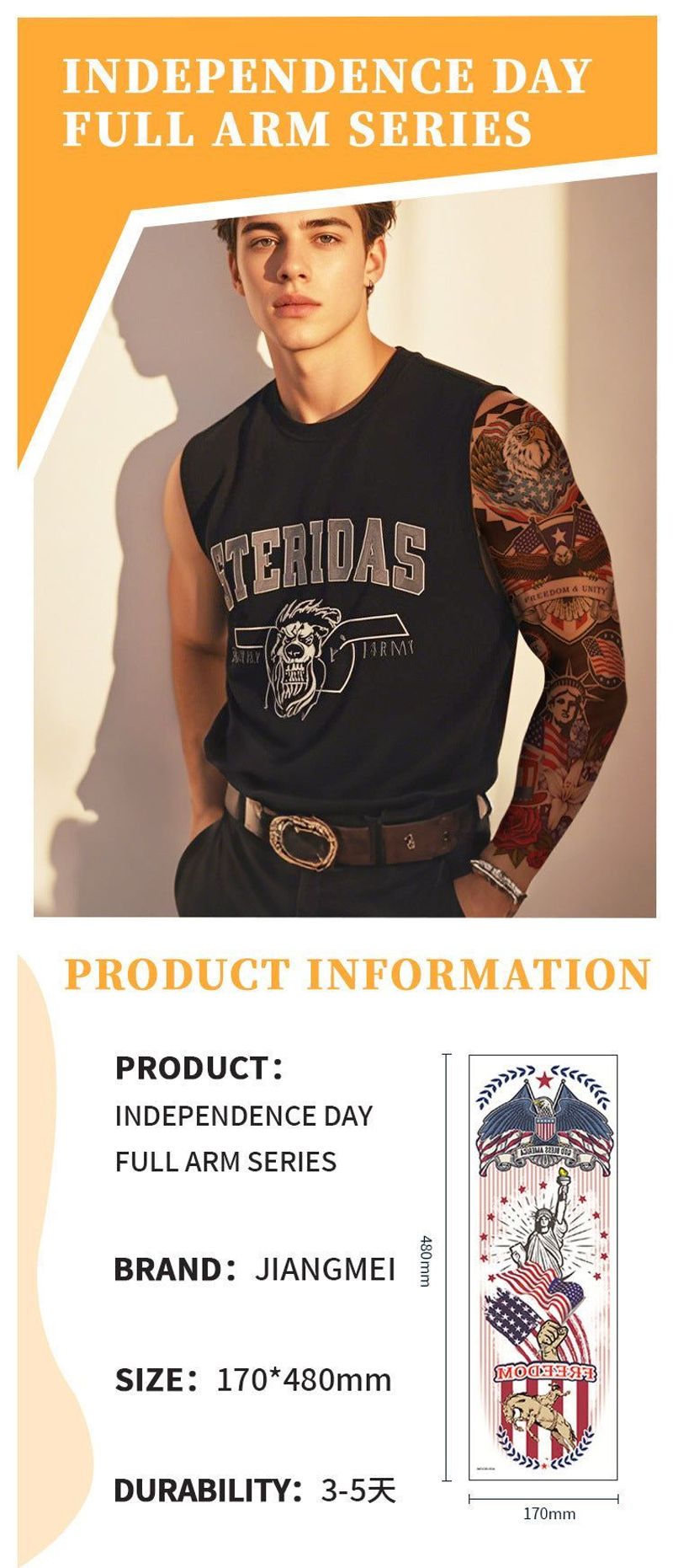 American Independence Day Full Arm Tattoo Sticker Party Event Waterproof Lasting Disposable Tattoo Sticker Fashion