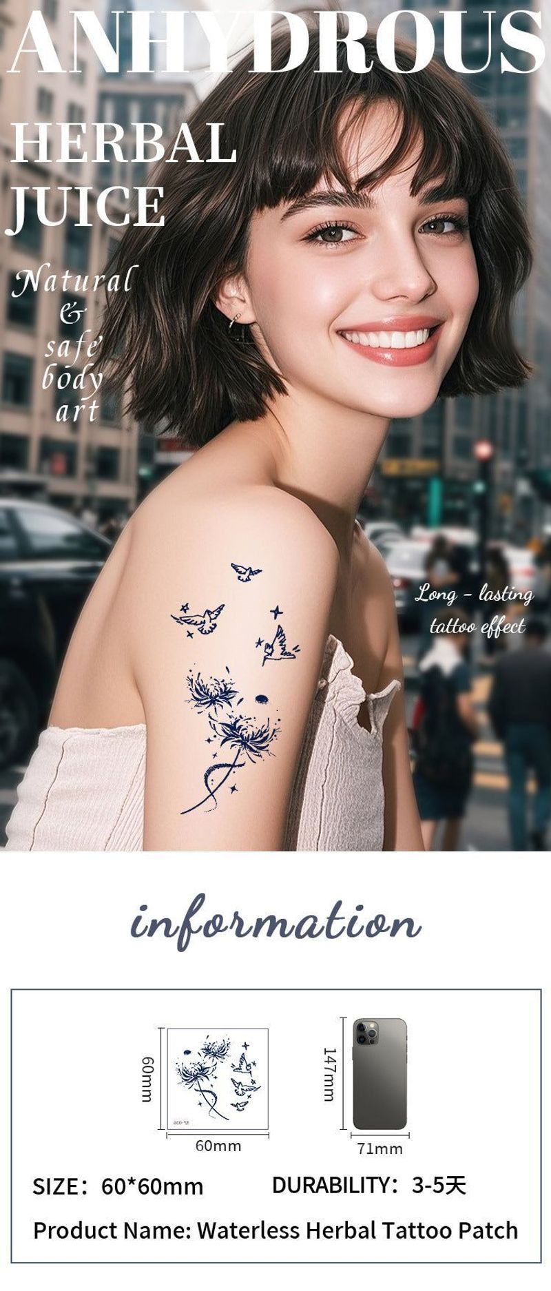 New In Stock Waterless Second Print Herbal Semi-permanent Tattoo Sticker Waterproof Long-lasting Cartoon Ins Wind Arm Tattoo Sticker Fashion