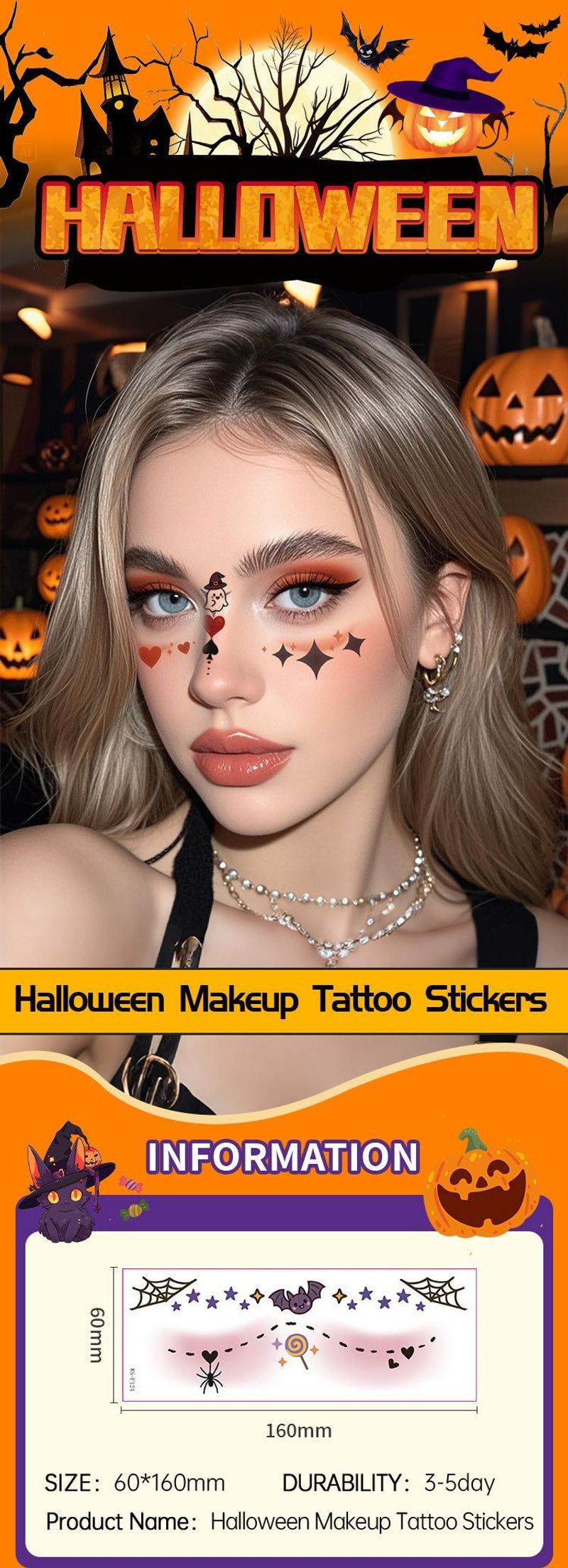 New Style Beautiful Ghost Haunted Halloween Tattoo Sticker Witch Playful Cute Ghost Makeup Face Waterproof Tattoo Sticker