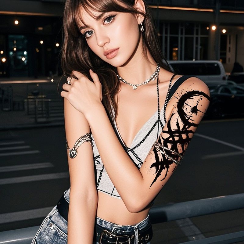 New Single Black Tattoo Sticker Waterproof Men's And Women's Small Arm Flower Arm Distinctive Lasting High-end Sense Internet Celebrated Lasting Tattoo  Fashion