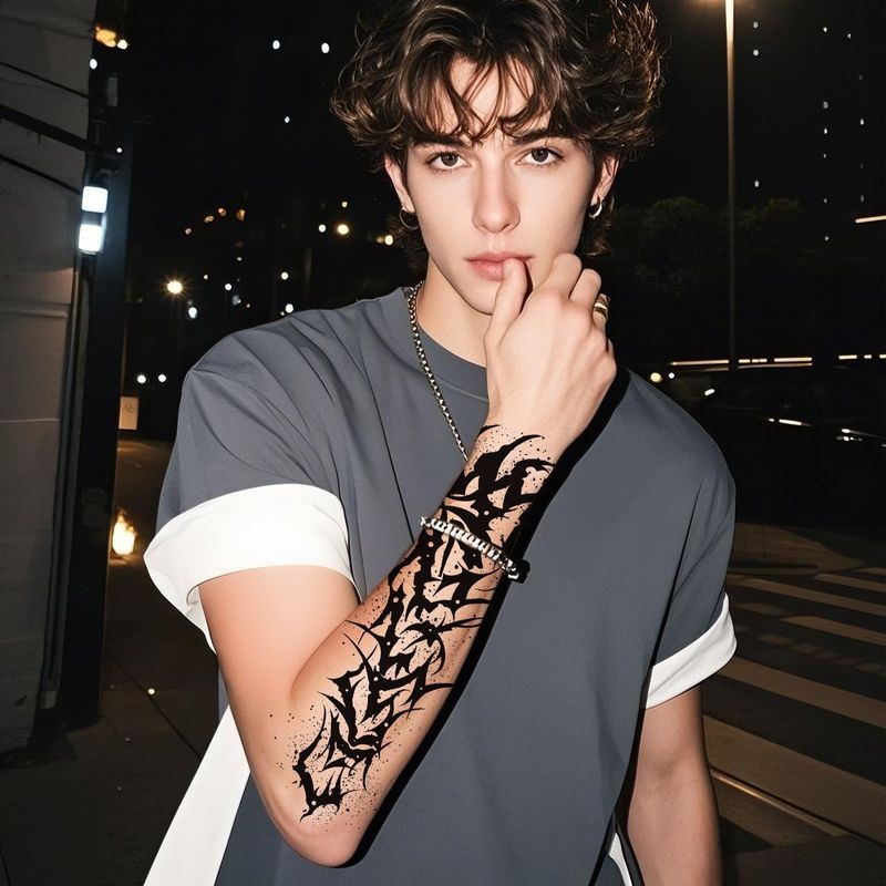 New Single Black Tattoo Sticker Waterproof Men's And Women's Small Arm Flower Arm Distinctive Lasting High-end Sense Internet Celebrated Lasting Tattoo  Fashion