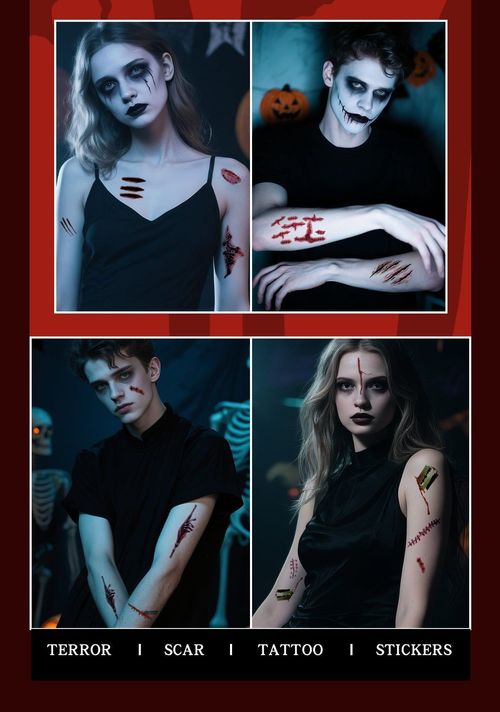 New Halloween Scar Tattoo Stickers for Parties, Horror and Bloody Wound Makeup, Disposable Temporary Scar Stickers