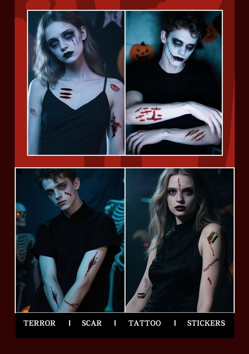 New Halloween Scar Tattoo Stickers for Parties, Horror and Bloody Wound Makeup, Disposable Temporary Scar Stickers