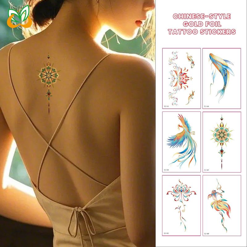 Chinese Antique Koi Bronzing Tattoo Stickers Small Fresh Simulation Beautiful Clavicle Tattoo Stickers Fashion