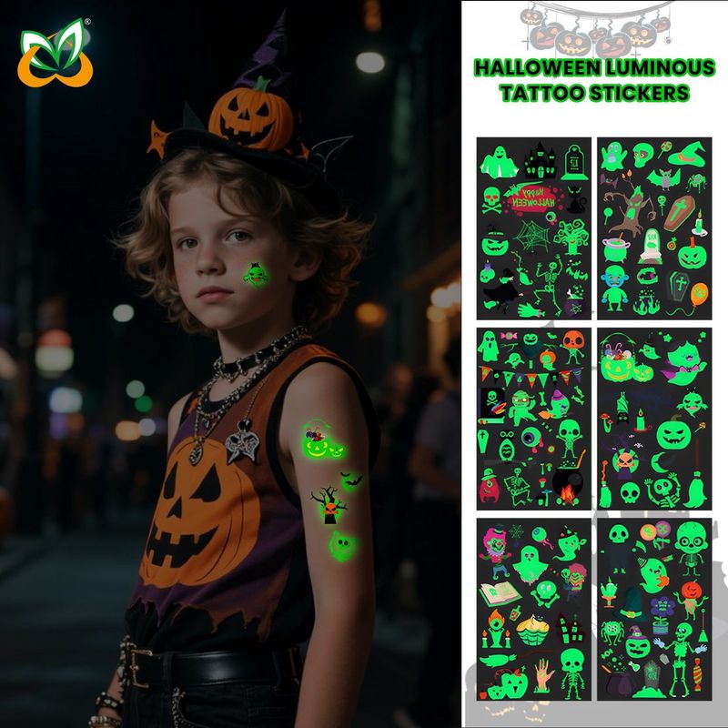 Cartoon Halloween glow-in-the-dark temporary tattoos, waterproof and sweat-resistant, long-lasting green stickers, glow-in-the-dark temporary tattoos for children's faces.