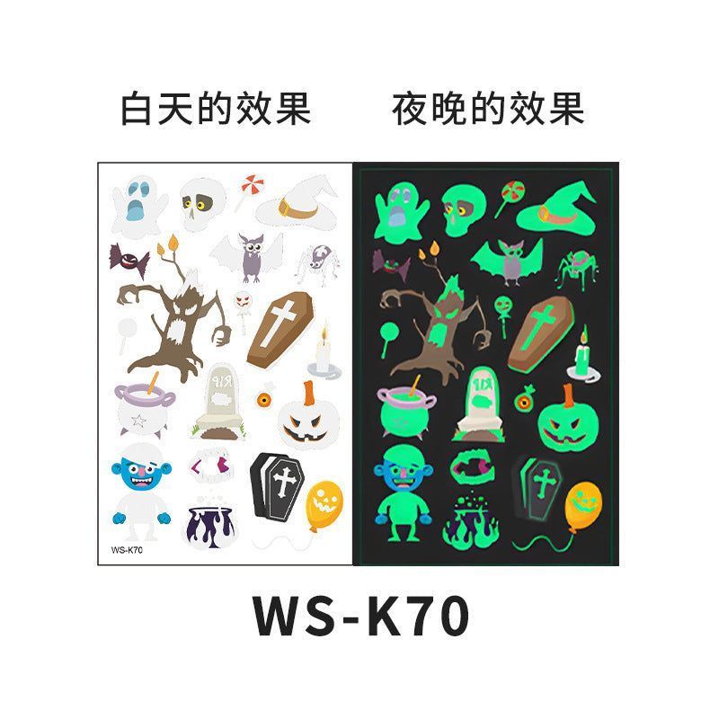 Cartoon Halloween glow-in-the-dark temporary tattoos, waterproof and sweat-resistant, long-lasting green stickers, glow-in-the-dark temporary tattoos for children's faces.