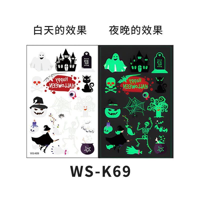 Cartoon Halloween glow-in-the-dark temporary tattoos, waterproof and sweat-resistant, long-lasting green stickers, glow-in-the-dark temporary tattoos for children's faces.
