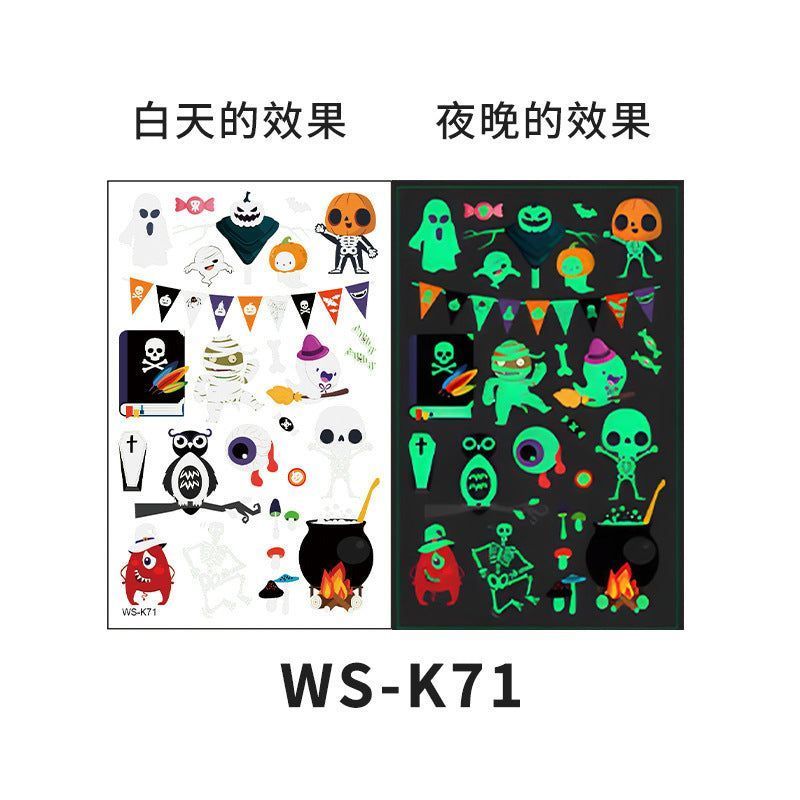 Cartoon Halloween glow-in-the-dark temporary tattoos, waterproof and sweat-resistant, long-lasting green stickers, glow-in-the-dark temporary tattoos for children's faces.