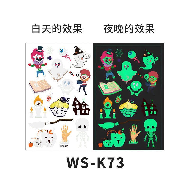 Cartoon Halloween glow-in-the-dark temporary tattoos, waterproof and sweat-resistant, long-lasting green stickers, glow-in-the-dark temporary tattoos for children's faces.