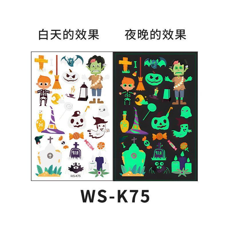 Cartoon Halloween glow-in-the-dark temporary tattoos, waterproof and sweat-resistant, long-lasting green stickers, glow-in-the-dark temporary tattoos for children's faces.