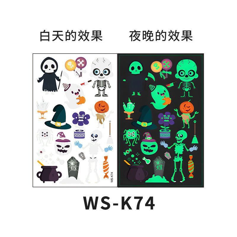 Cartoon Halloween glow-in-the-dark temporary tattoos, waterproof and sweat-resistant, long-lasting green stickers, glow-in-the-dark temporary tattoos for children's faces.