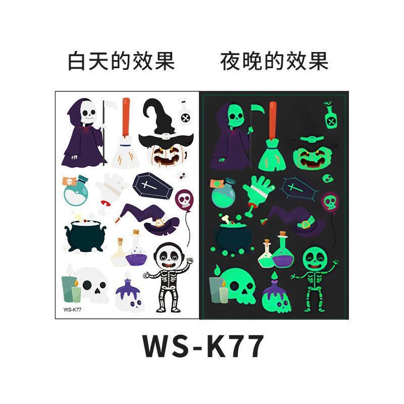 Cartoon Halloween glow-in-the-dark temporary tattoos, waterproof and sweat-resistant, long-lasting green stickers, glow-in-the-dark temporary tattoos for children's faces.