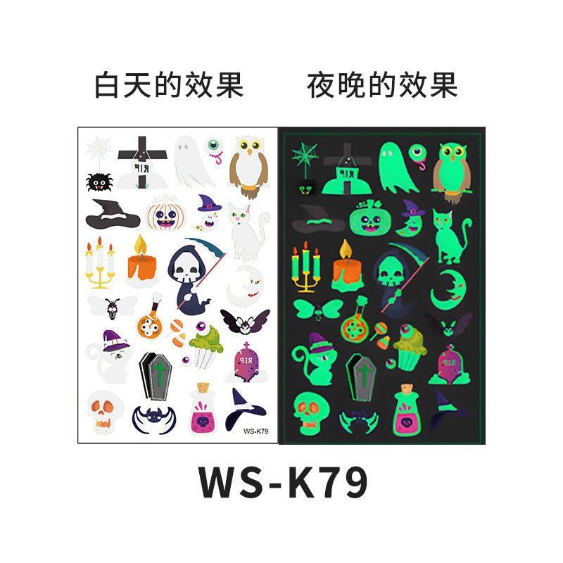 Cartoon Halloween glow-in-the-dark temporary tattoos, waterproof and sweat-resistant, long-lasting green stickers, glow-in-the-dark temporary tattoos for children's faces.