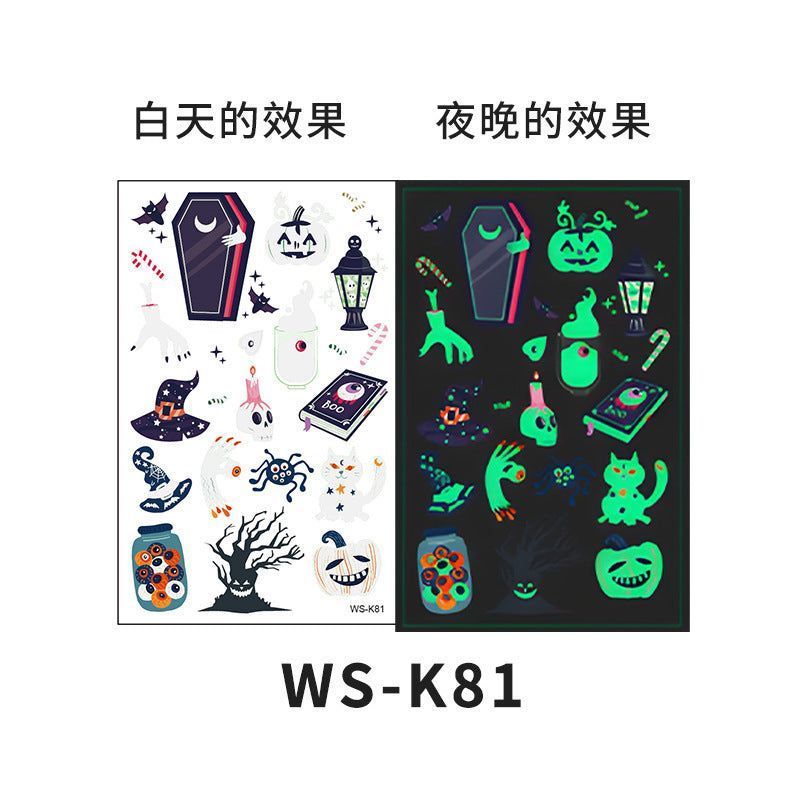 Cartoon Halloween glow-in-the-dark temporary tattoos, waterproof and sweat-resistant, long-lasting green stickers, glow-in-the-dark temporary tattoos for children's faces.