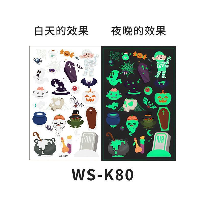 Cartoon Halloween glow-in-the-dark temporary tattoos, waterproof and sweat-resistant, long-lasting green stickers, glow-in-the-dark temporary tattoos for children's faces.